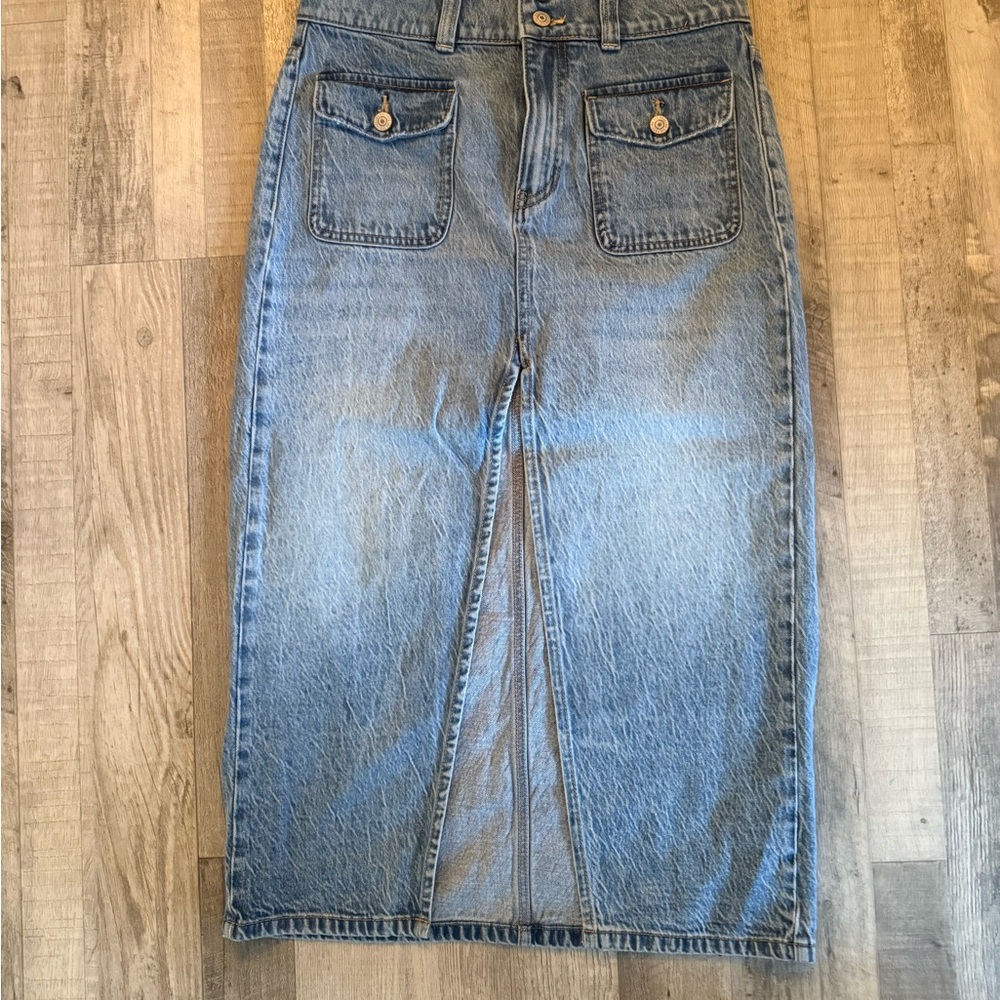We The Free Blue Denim Midi Skirt